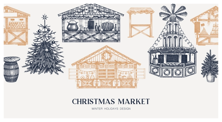 Christmas market background. Hand drawn vector illustration. European holiday marketplace banner. Christmas tree, wooden stall, candy shop, bakery, mulled wine sketches. Architecture desin